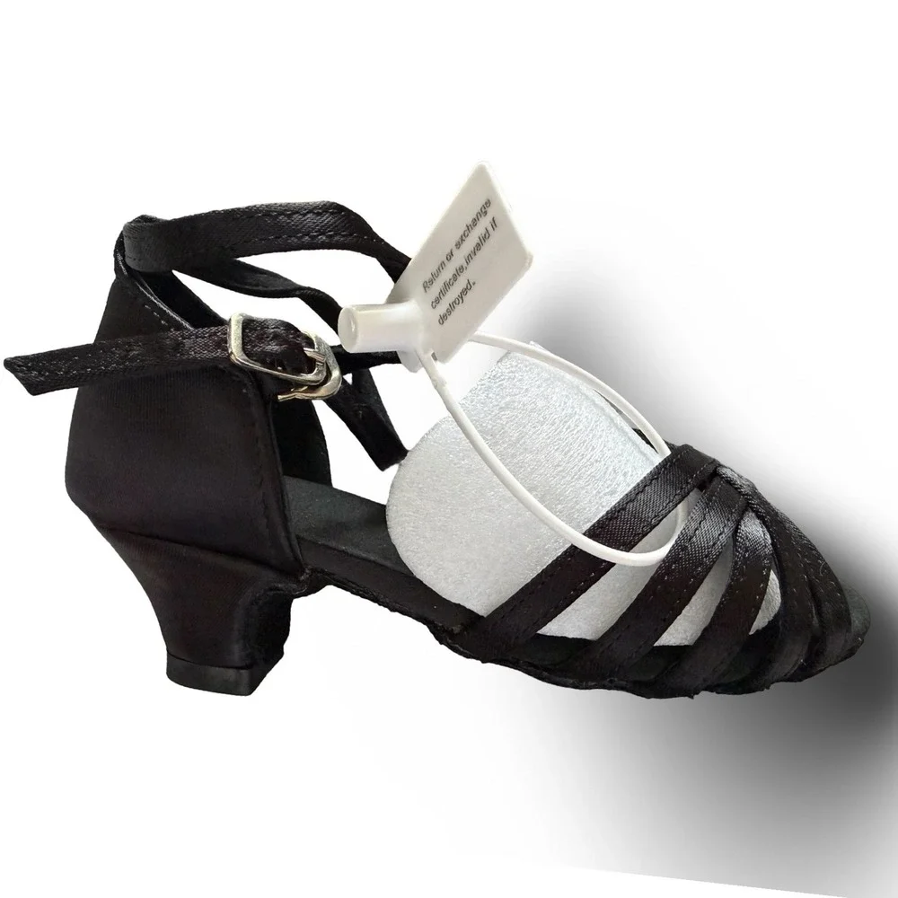 DanceandSway Kids Black Satin Latin Ballroom Dance Shoes Sz 7.5 EU 24 1.9